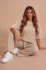 Beige Leopard Print Oversized Loungewear Set With Side Stripe Detail- Orlina