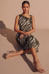 Olive Zebra Print Ruched Sleeveless Bodycon Dress- Vanila