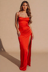 Orange Strappy Satin Side Split Maxi Dress - Karina