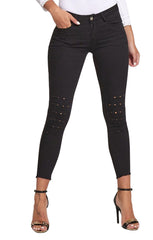 Black High Waisted Button Up Eyelet Detail Skinny Jeans - Flina