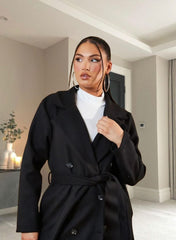 Black Double Breasted Black Button Detail Belted Trench Coat - Eliana