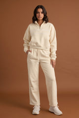Beige Contrast Striped Stand Collar Sweatshirt With Wide Leg Trouser - Elara