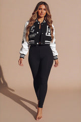 Black Faux Leather Cropped Contrast Graphic Bomber Jacket - Bellara