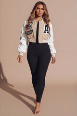 Beige Faux Leather Cropped Contrast Graphic Bomber Jacket - Bellara