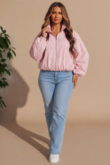 Pink Zip Front Windbreaker Balloon Sleeve Jacket -Tiarn