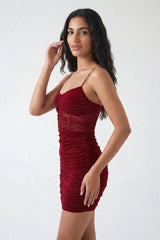Rust Mesh Ruched Sheer Panel Strappy Bodycon Mini Dress - Hester
