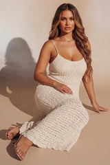 Cream Lace Strappy Bodycon Elegant Layered Midi Dress - Rosantha