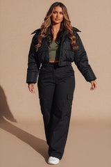 Black Cropped Padded Long Sleeve Zip Front Shower Proof Jacket - Harper