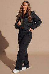 Black Cropped Padded Long Sleeve Zip Front Shower Proof Jacket - Harper