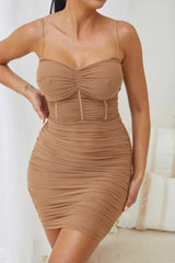 Mocha Mesh Ruched Sheer Panel Strappy Bodycon Mini Dress - Hester