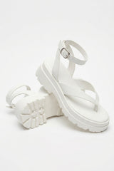 White Toe Thong Chunky Platform Ankle Strap Sandals - Luretta