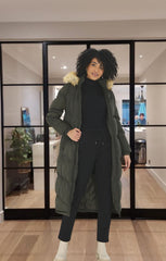 Khaki Longline Faux Fur Trim Puffer Jacket - Kiera