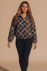 Brown Check Print Cropped Zip Up Jacket - Nion