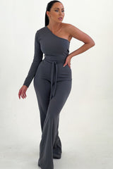 Smoke Grey Belted One Shoulder Jumpsuit - Evelyn