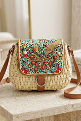 Beige Woven Beaded Flap Crossbody Bag - Wyaba