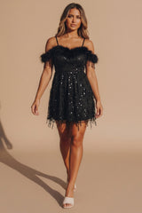 Black Sequin Feather Trim Off The Shoulder Mini Dress - Kaya