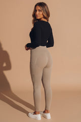 Beige Ribbed High Waisted Pocket Detail Leggings - Syra