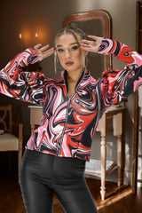 Red Abstract Swirl Puff Sleeve Zip High Collar Jacket- Cora