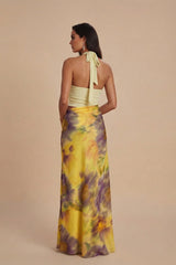 Yellow Floral Print Maxi Skirt & Halter Neck Top Co-ord Set- Jaune