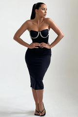 Black Diamante Cup Detail Midi Bodycon Dress - Esme