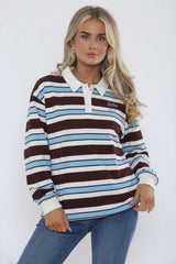 Brown And  Blue Stripe Oversized Polo Sweatshirt-Soho