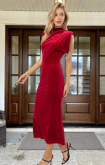 Red Velvet Shoulder Pad Midi Dress- Miea
