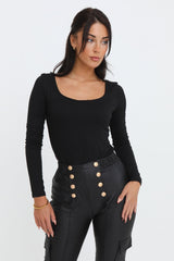 Black Scoop Neck Long Sleeve Soft Touch Fitted Bodysuit - Emma