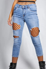 Light Blue Distressed Ripped Skinny Jeans with Fishnet Tights - Delilah