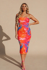 Hot Pink Mesh Printed Layered Off Shoulder Midi Dress - Lena