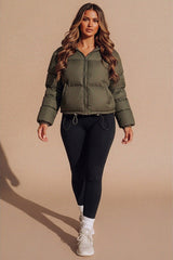 Khaki Hooded Drawstring Cropped Puffer Jacket - Stacey