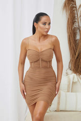 Mocha Mesh Ruched Sheer Panel Strappy Bodycon Mini Dress - Hester