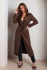 Brown Faux Suede Belted Longline Trench Coat-Velmira