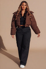 Chocolate Brown Cropped Padded Long Sleeve Zip Front Shower Proof Jacket - Harper