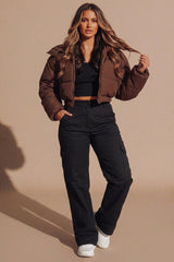 Chocolate Brown Cropped Padded Long Sleeve Zip Front Shower Proof Jacket - Harper