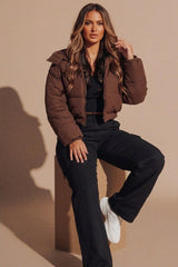 Chocolate Brown Cropped Padded Long Sleeve Zip Front Shower Proof Jacket - Harper