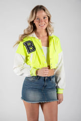 Neon Green Hooded Varsity Jacket with Contrast Sleeves-Honon