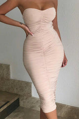 Nude Ruched Strapless Bodycon Midi Dress - Vita