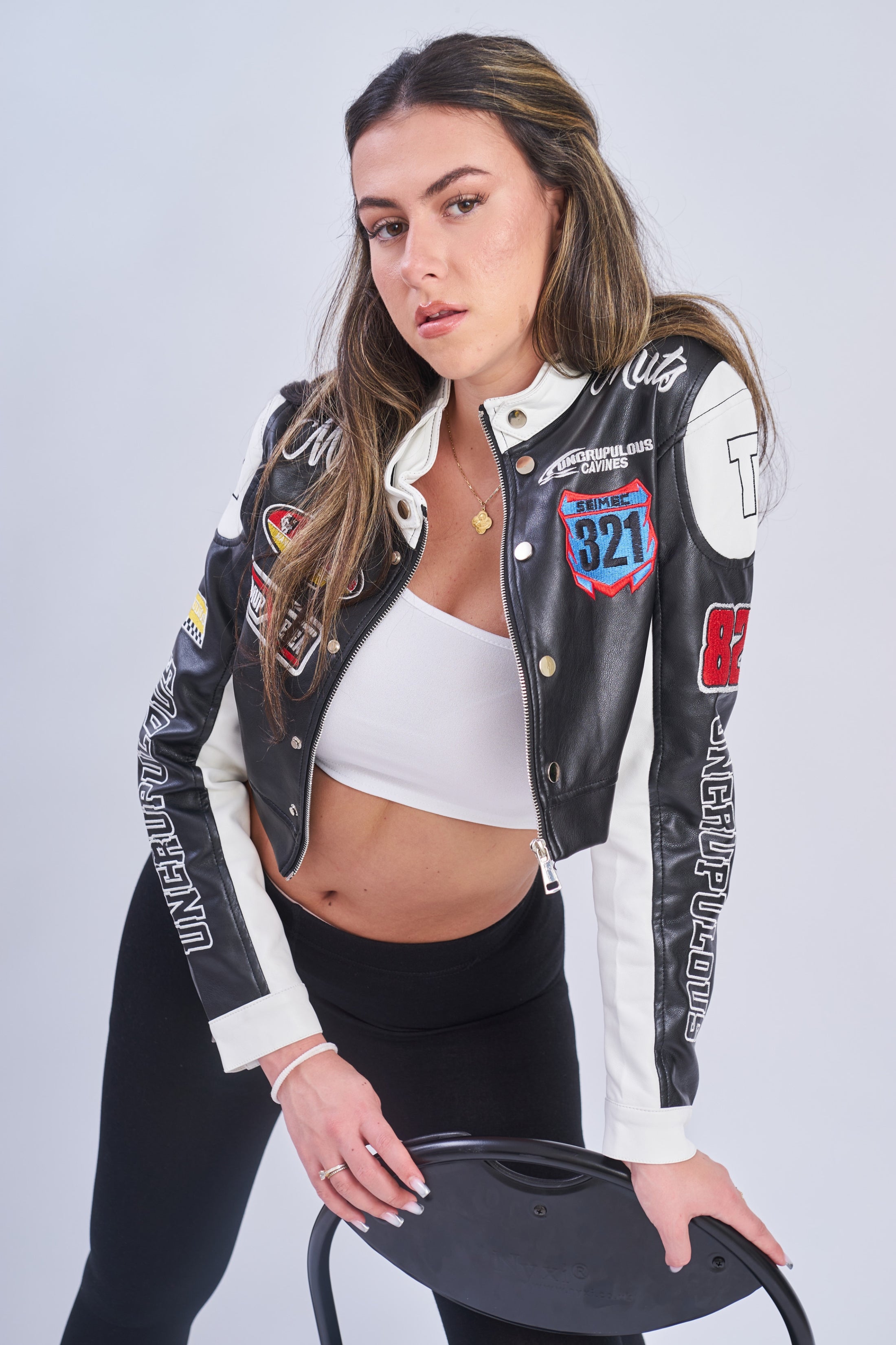 Black White PU Leather Racer Patch Details cropped Jacket