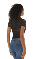 Black Crystal Embellished Black Mesh Bodysuit- Sylee