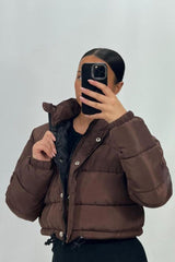 Brown High Neck Padded Cropped Puffer Jacket - Khlo