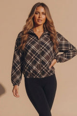 Brown Check Print Cropped Zip Up Jacket - Nion