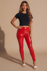 Red High Waisted PU Faux Leather Leggings - Roxi