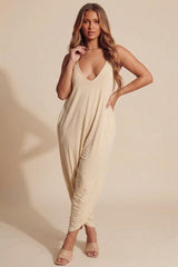 Beige Draped Plunge Harem Romper - Kayani