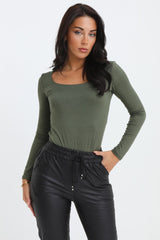 Khaki Scoop Neck Long Sleeve Soft Touch Fitted Bodysuit - Emma