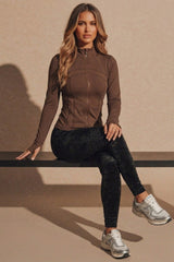 Chocolate High Neck Fitted Zip Up Lightweight Jacket - Sovanna