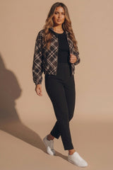 Brown Check Print Cropped Zip Up Jacket - Nion
