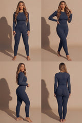 Navy Stretch Long Sleeve Top and Leggings Activewear Set - Elara