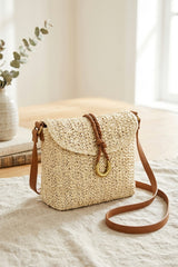 Beige Woven Ring Detail Crossbody Bag - Braided