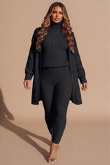 Black Ribbed Knitted 3 Piece Loungewear Set-Jinet