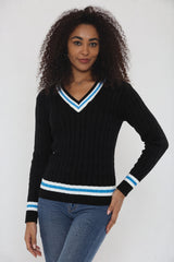 Black Cable Knit V Neck Jumper with Stripe Trim - Somia